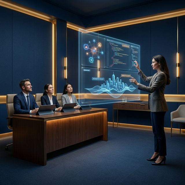 Futuristic interview with holographic portfolio